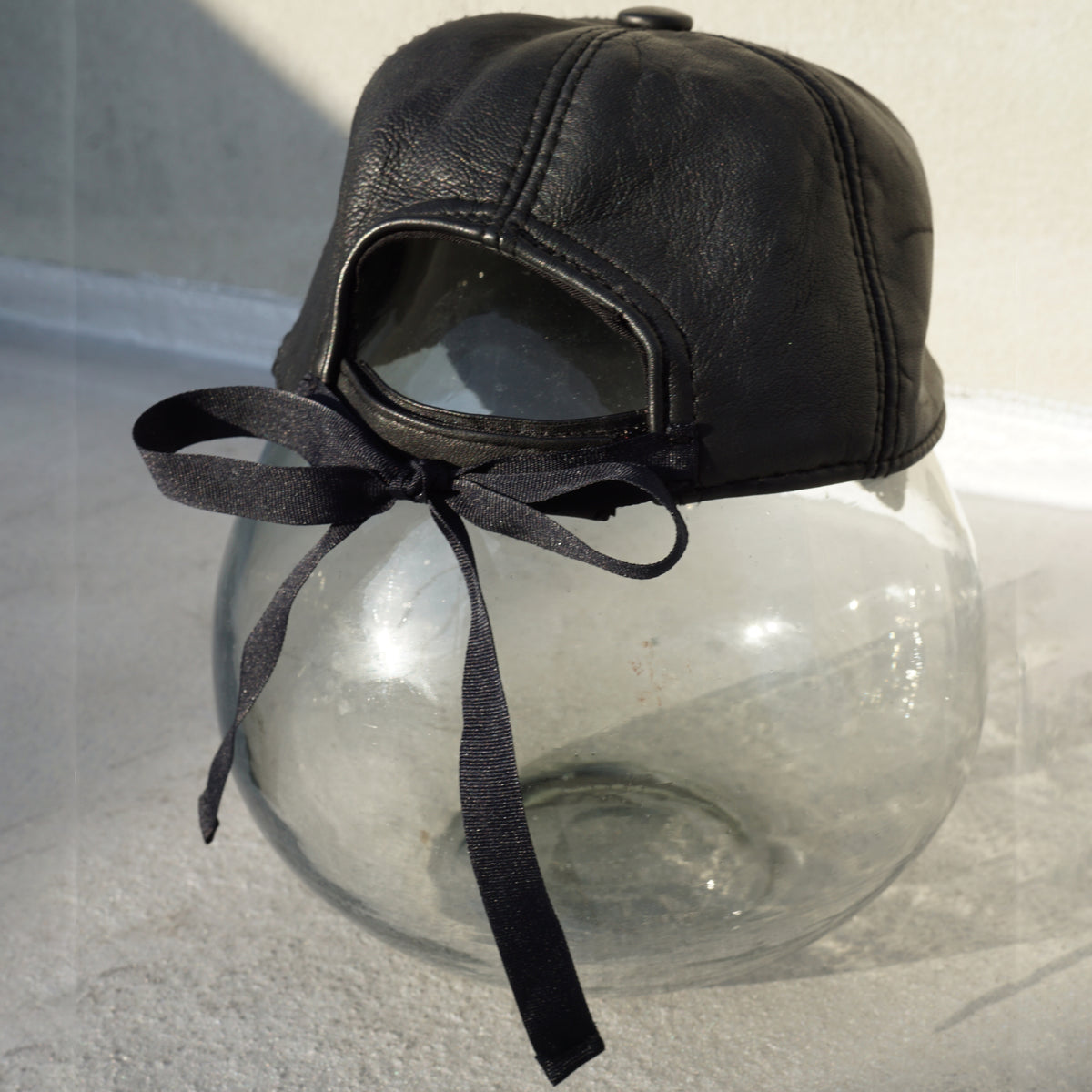 Black Genuine Leather Baseball Cap with Bow