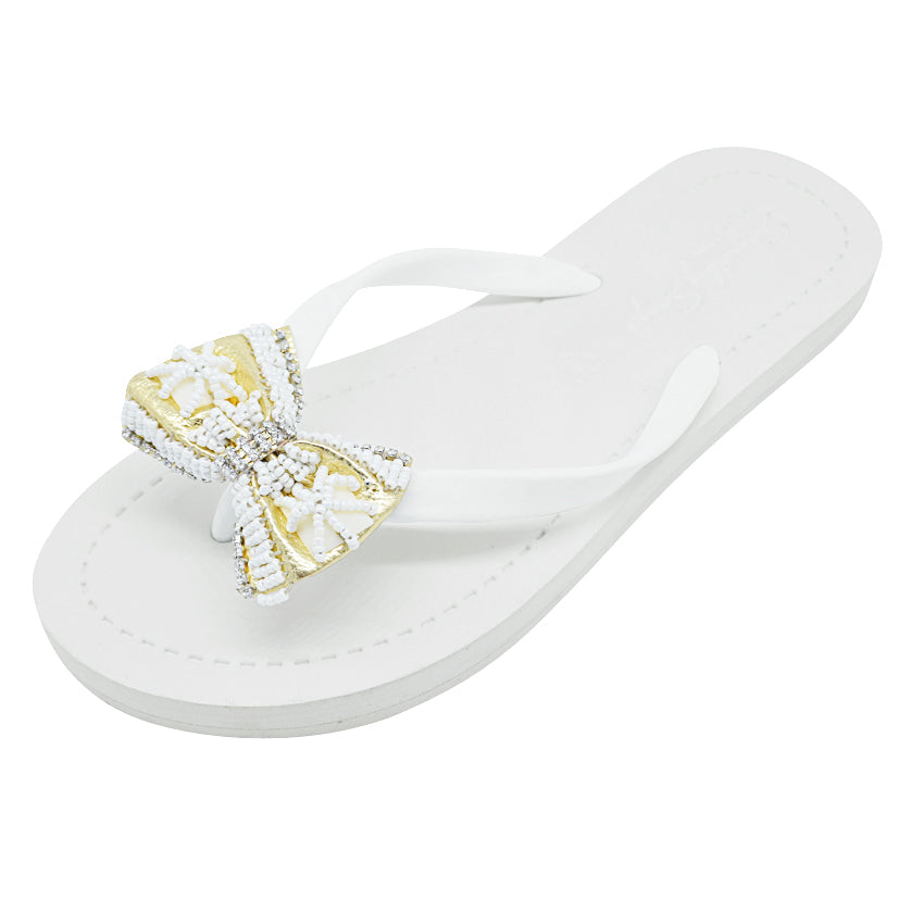 Gold & Pearl Bow - Big Kids Flip Flops Sandal- Embroidered motifs