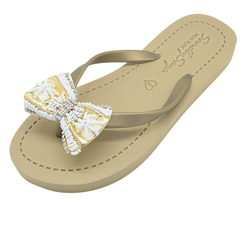 Gold & Pearl Bow - Big Kids Flip Flops Sandal- Embroidered motifs