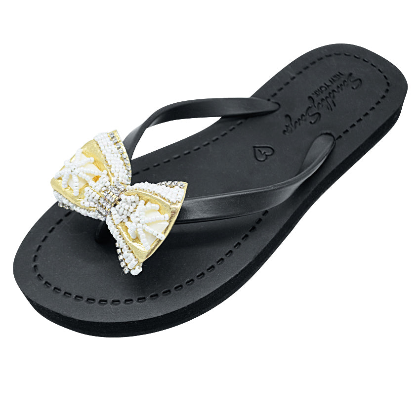 Gold & Pearl Bow - Big Kids Flip Flops Sandal- Embroidered motifs