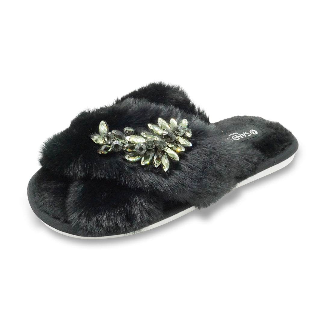 Black Fur Slippers - Black Manhattan Crystal Rhine Stone Embellished Fluffy Womens Room Shoes