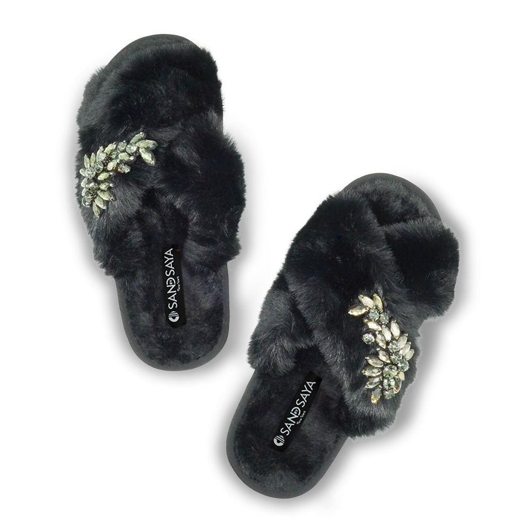 Black Fur Slippers - Black Manhattan Crystal Rhine Stone Embellished Fluffy Womens Room Shoes