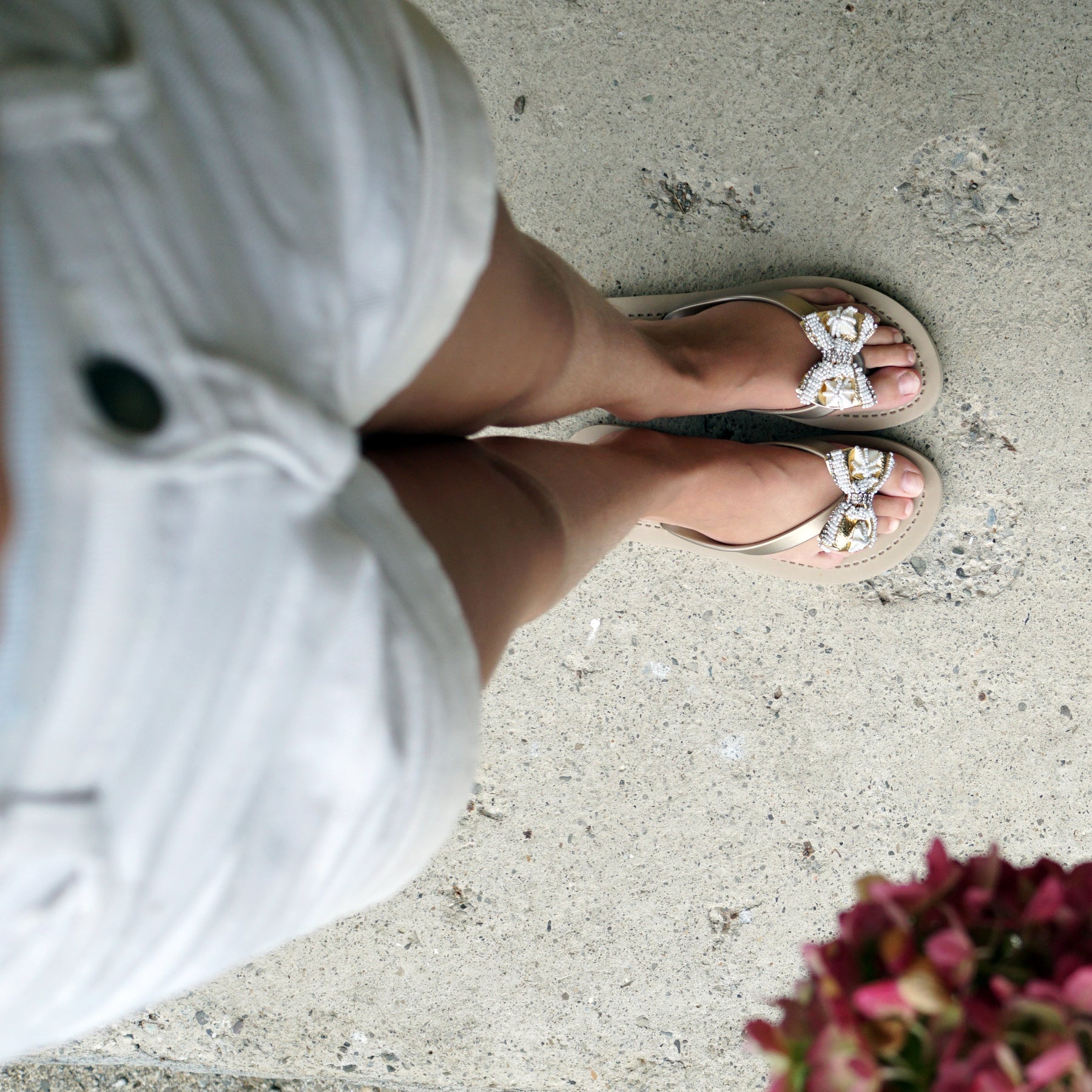 Gold & Pearl Bow - Big Kids Flip Flops Sandal- Embroidered motifs