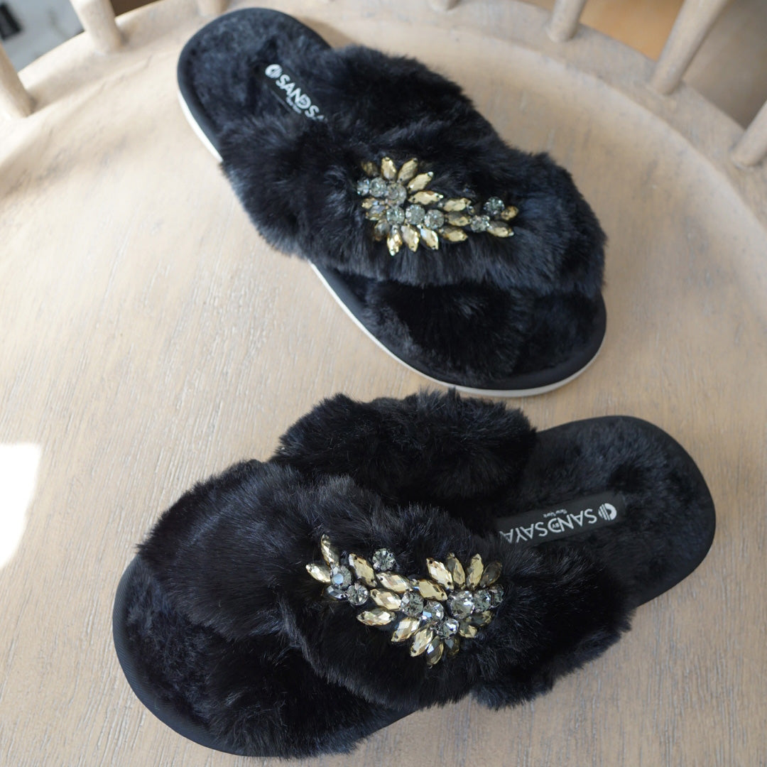 Black Fur Slippers - Black Manhattan Crystal Rhine Stone Embellished Fluffy Womens Room Shoes