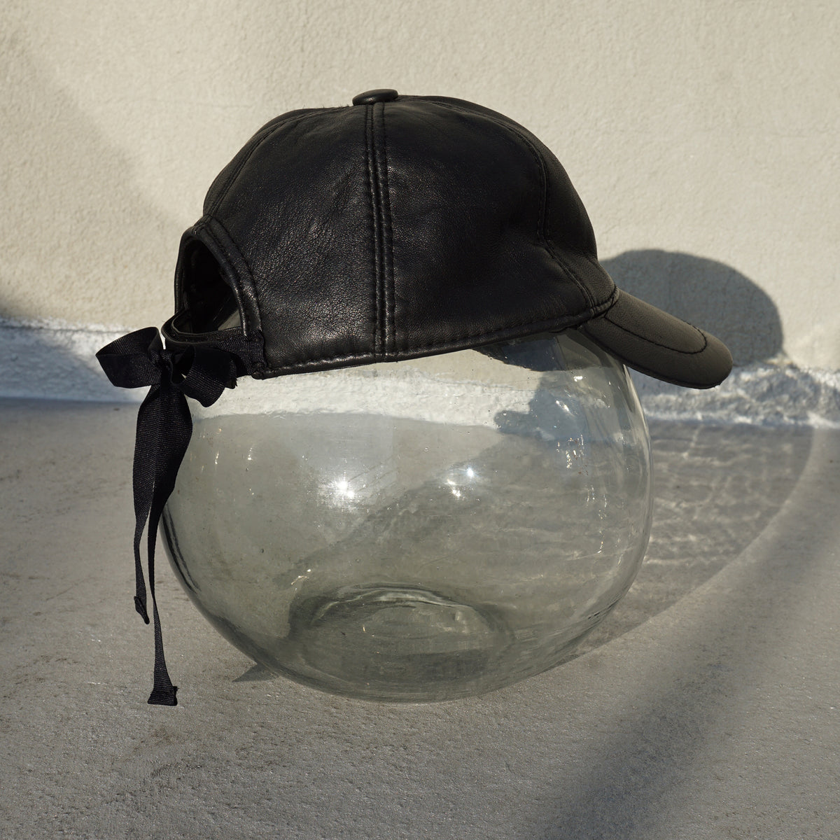 Black Genuine Leather Baseball Cap with Bow