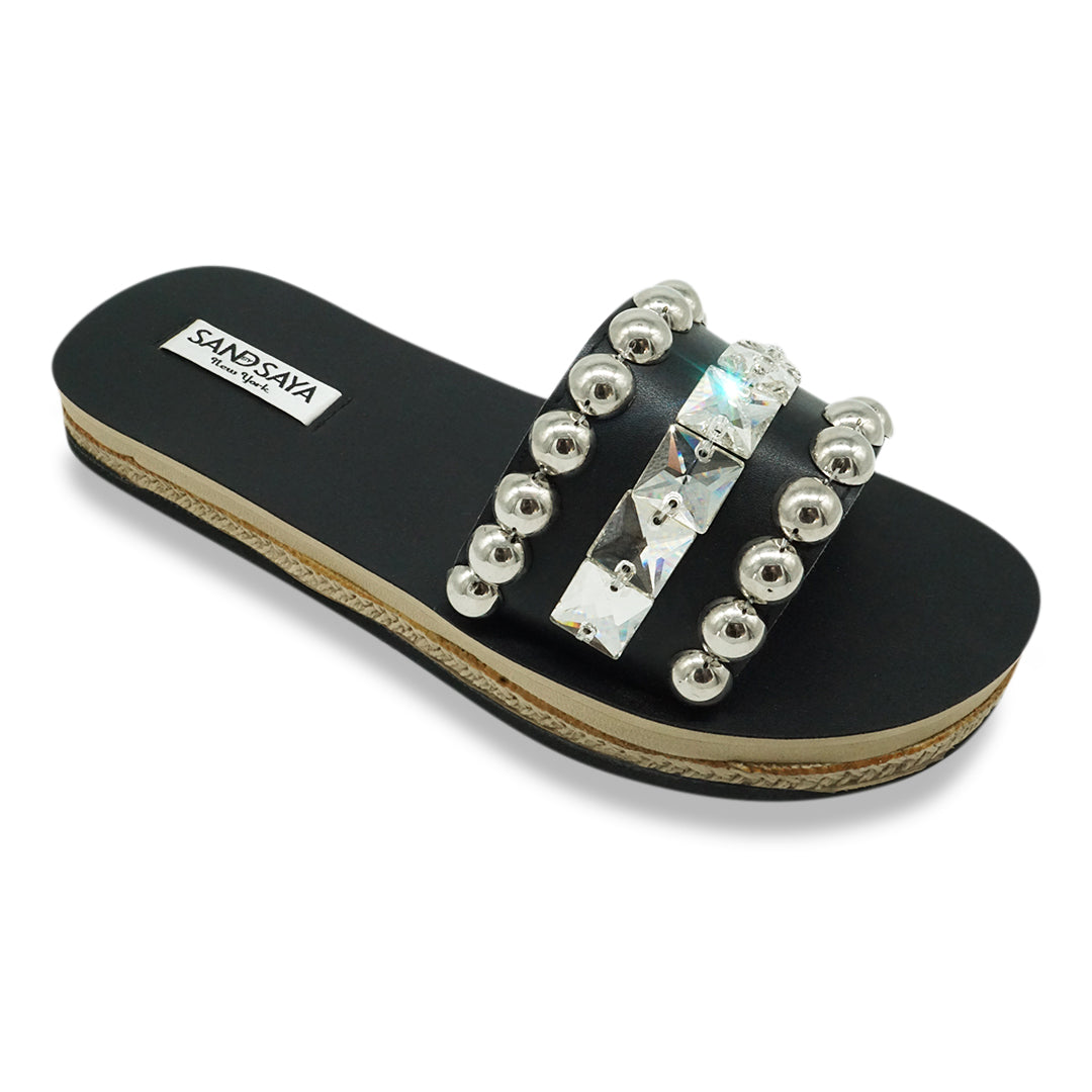 Crystal Studded Slide Sandals – Handmade in New York- Waterproof women’s Espadrille Comfy Slide Flat