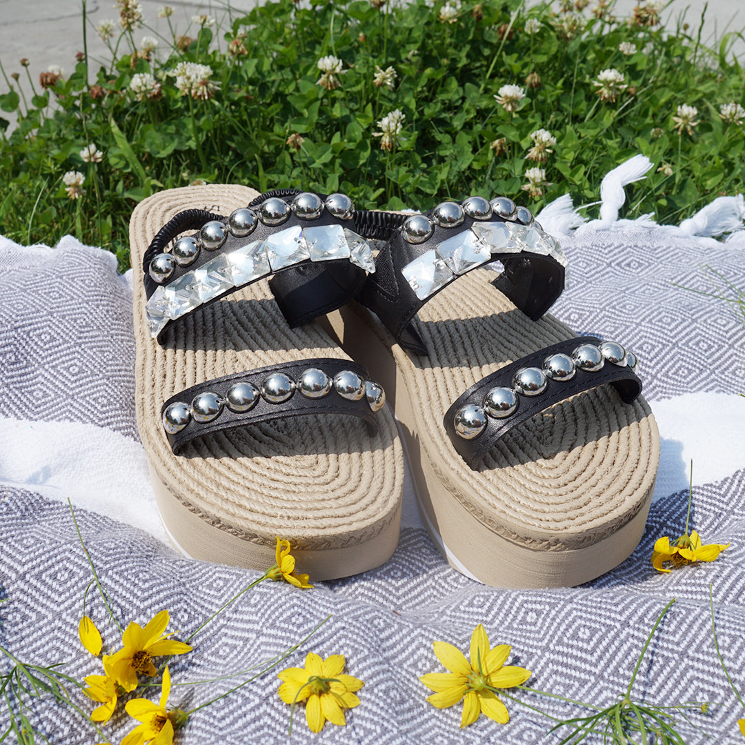 Crystal Studded Slide Sandals – Designed in New York for New Yorkers: Waterproof Espadrille Platform Wedge Sandal