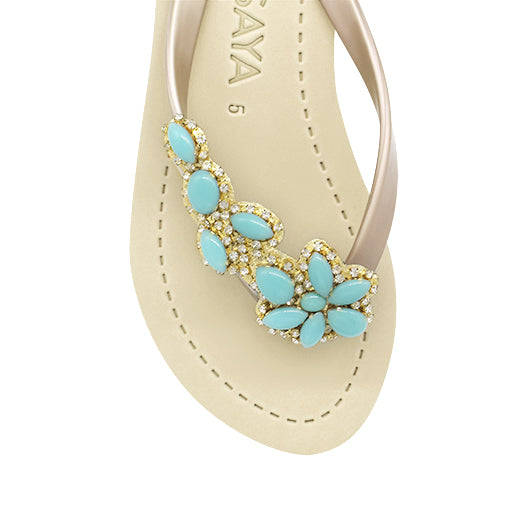 Brooklyn - Turquoise Flower Rhinestone Embellished Mid Wedge Flip Flops