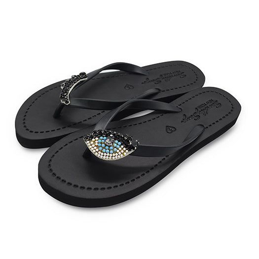 Eyes - Black and Blue Rhine Stone Embellished Women's Flat Flip Flops Sandal