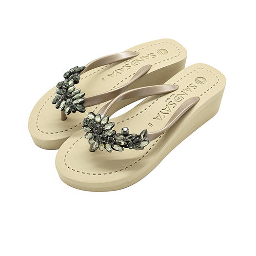 Bloom Black Black Crystal Mid Wedge Sandals – Handcrafted in New York: Manhattan Black Mid Heel Flip Flops Sandal