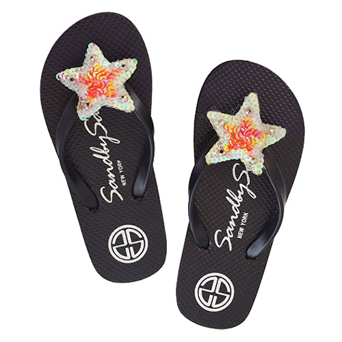 Black, Sandal, Star, Gold, White, Flat, Big Kids