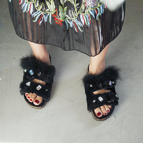 Shearling Fur Slide with feather and rhinestones - Black Flat Sandals