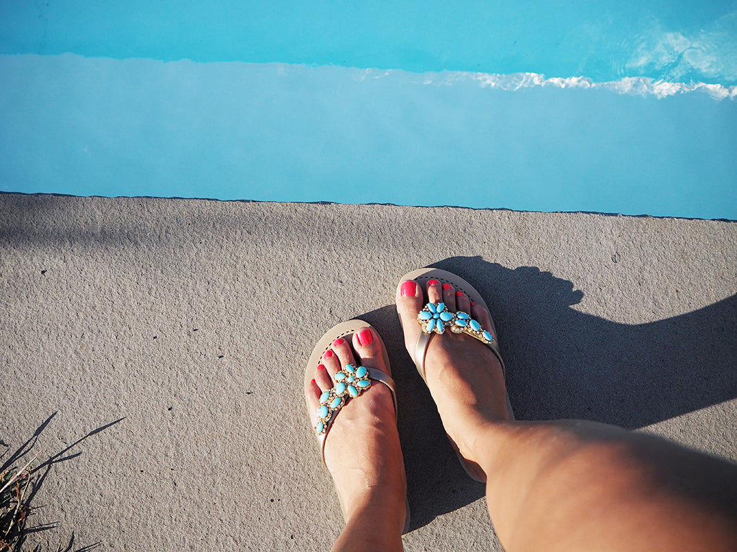 Brooklyn Turquoise Blue Flower - Crystal Rhine Stone Embellished Women's Flat Flip Flops Sandal