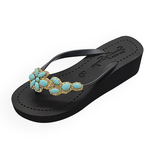 Brooklyn - Turquoise Flower Rhinestone Embellished Mid Wedge Flip Flops