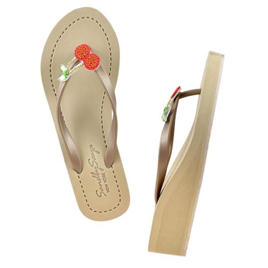 Gold Women's Mid Wedge Sandals with Cherry, Flip Flops summer