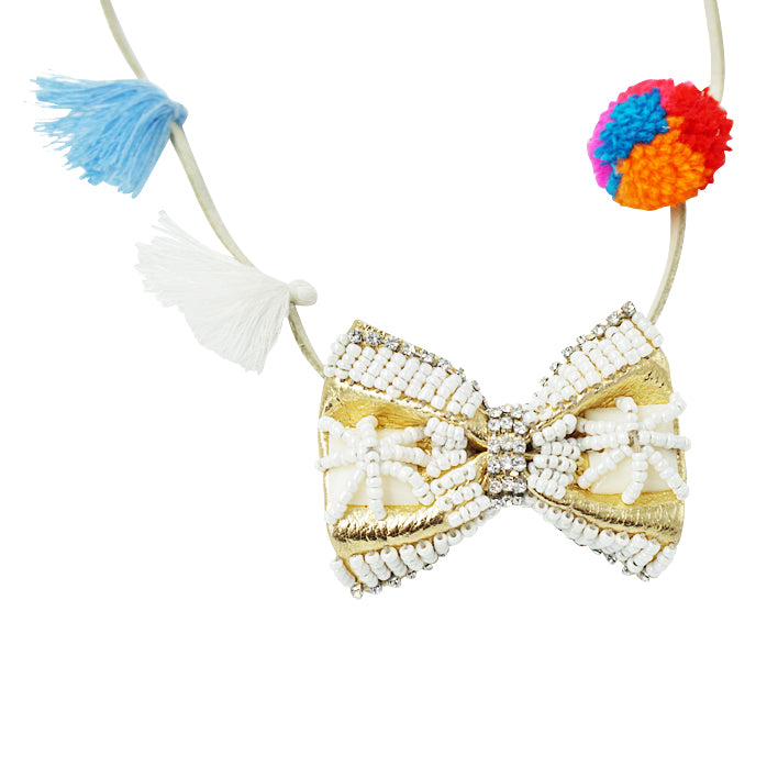 Gold & Pearl Bow - Pom Pom Kids Necklace-Embroidered motifs