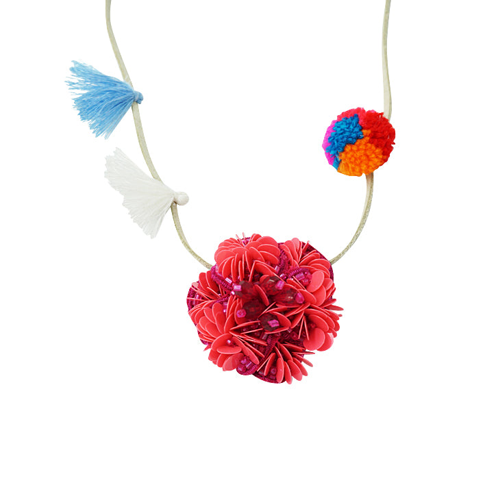 Noho Pink Flower Pom Pom Kids Necklace