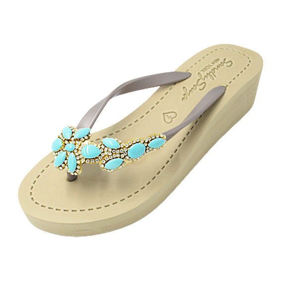 Brooklyn - Women's Flat Sandal, Blue Turquoise, Flower