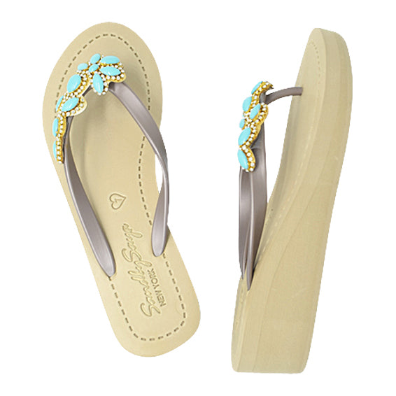 Brooklyn - Women's Flat Sandal, Blue Turquoise, Flower