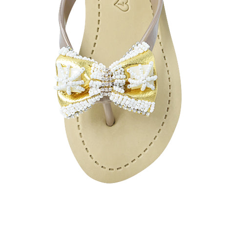 High Line -  Pearl & Gold Bow Embroidery Mid Wedge Flip Flops Sandals