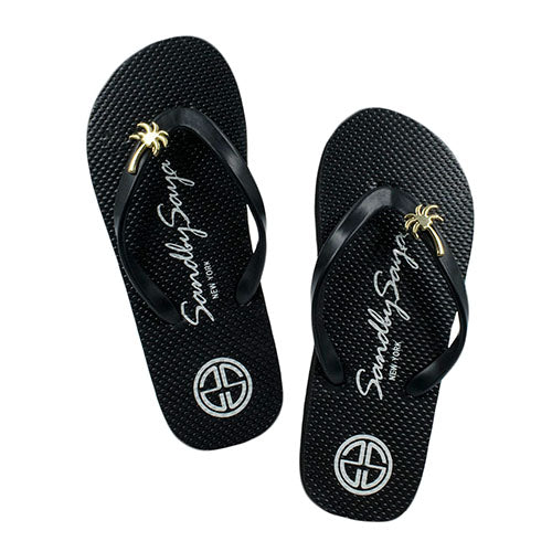 Gold, Palm Tree, Stud, Black, Flat, Comfortable, Sandal