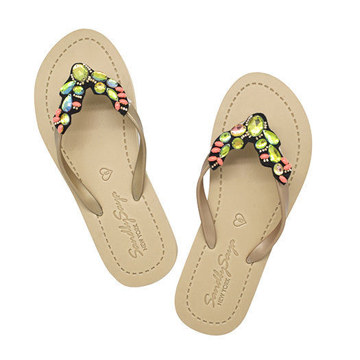 Cactus - Green Rhinestone Embellished Women's Flat Flip Flops Sandal