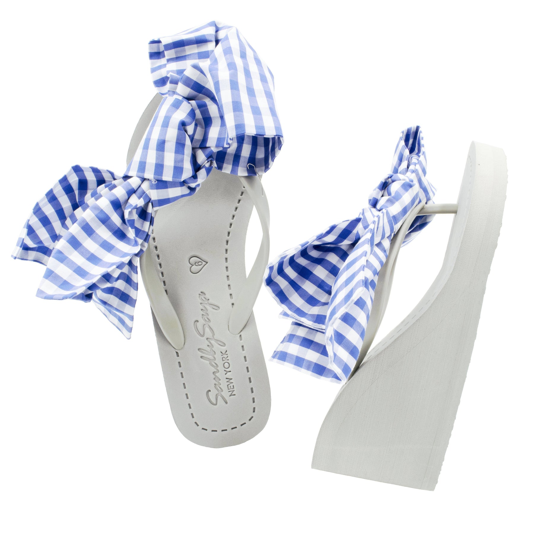 Gingham white blue ribbon sandal