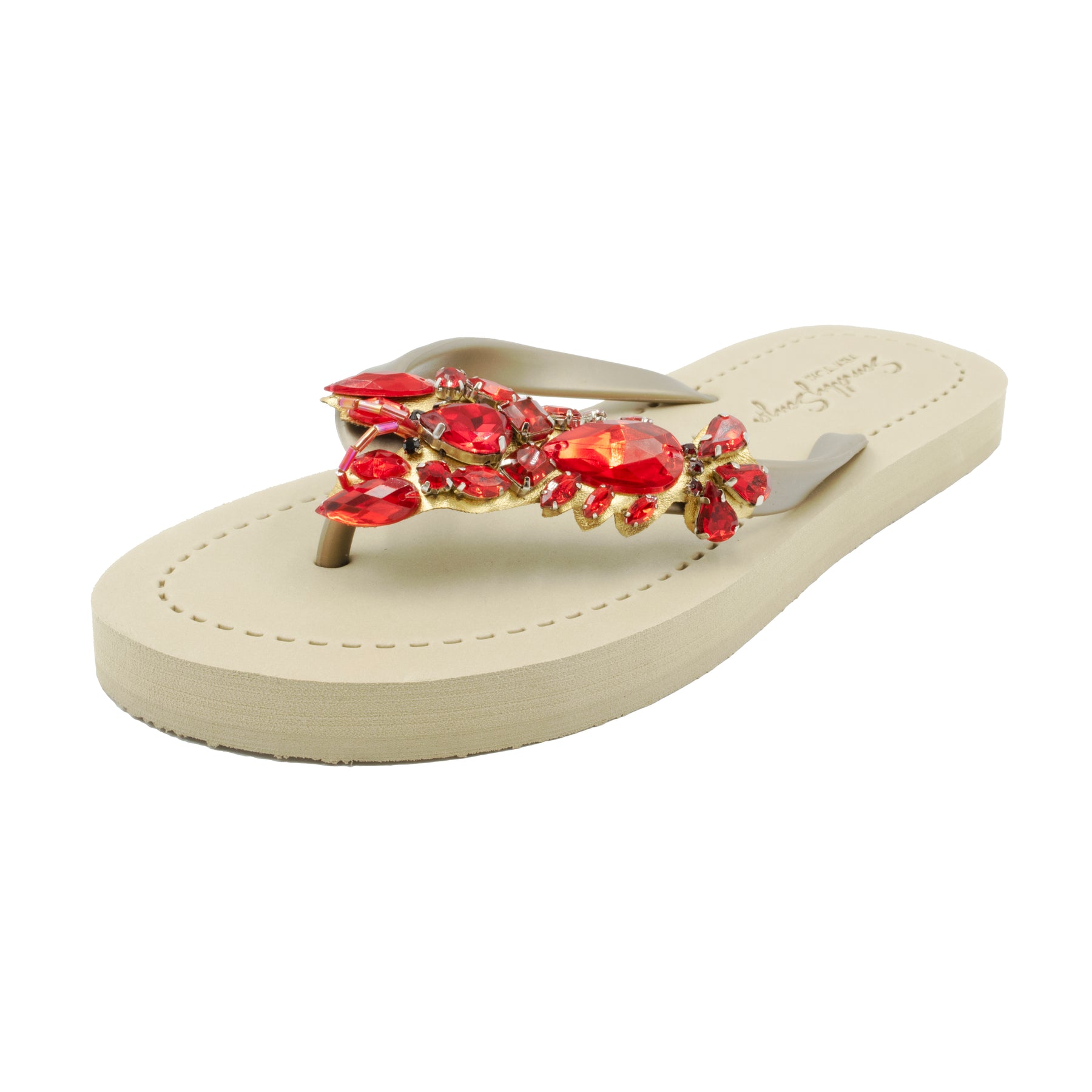 Lobster - Red Rhinestone Embellished Women Flat Flip Flops Sandal