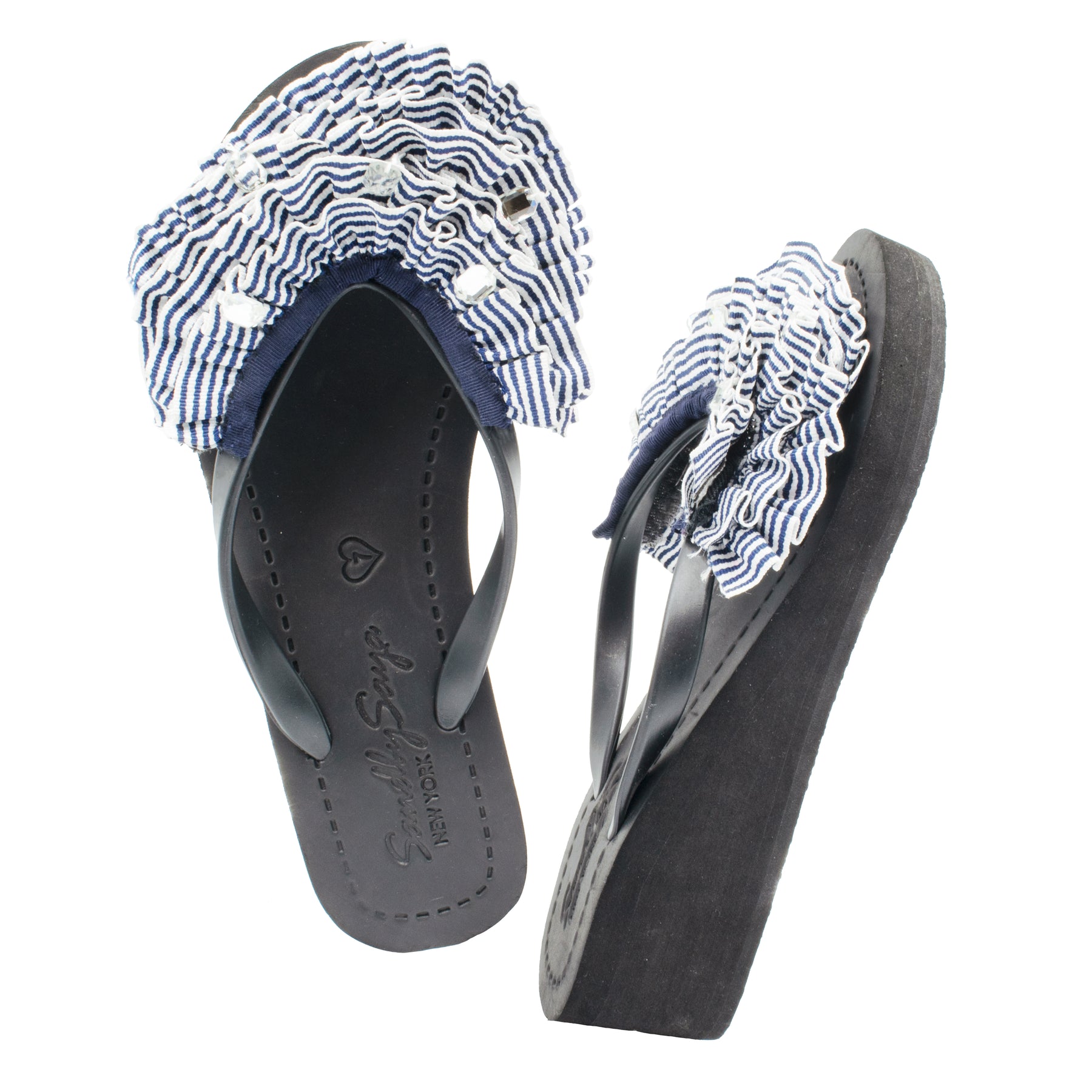 Marine Stripe Ruffle - Triple Rockaway - Women's Mid Wedge Flip Flops