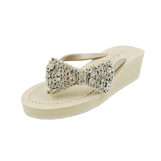 Madison - Crystal Stones Bow Mid Wedge Flip Flops