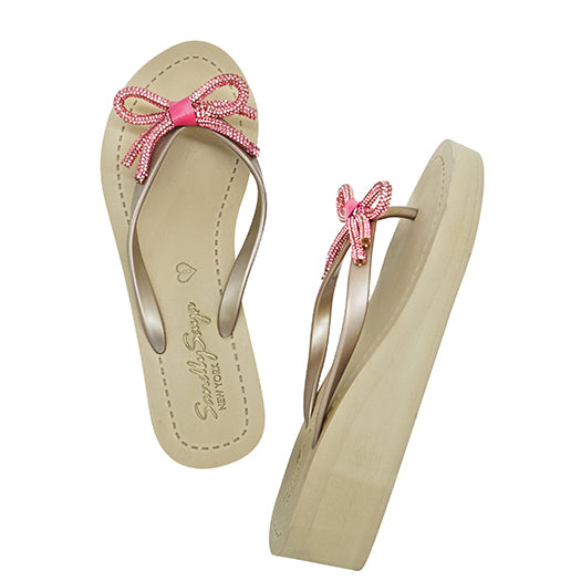 Rhinestone Pink Bow - Mid Wedge Flip Flops