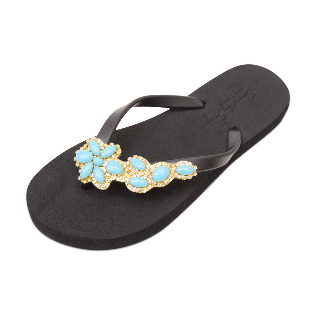 Brooklyn Turquoise Blue Flower - Crystal Rhine Stone Embellished Women's Flat Flip Flops Sandal
