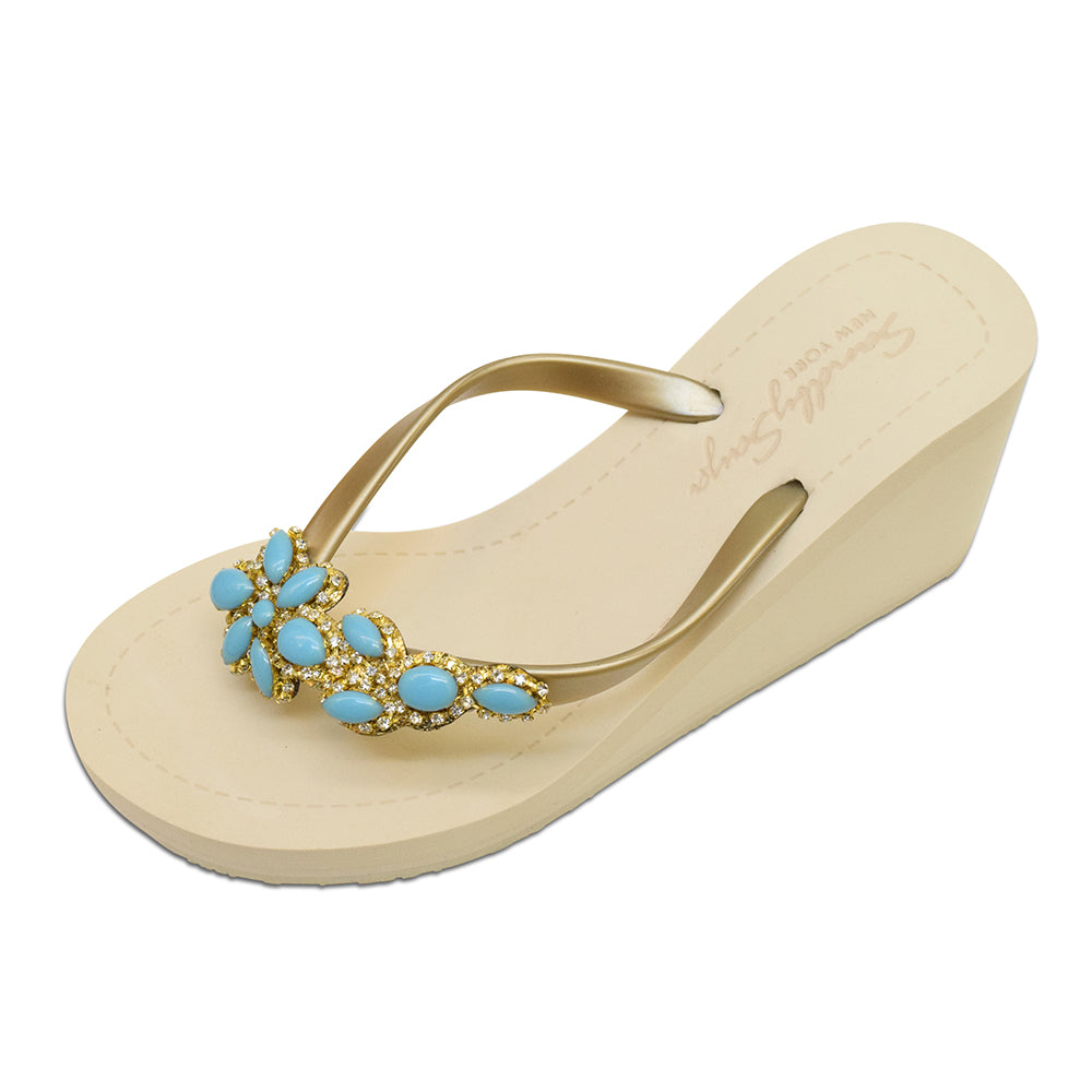 Brooklyn - Women's Flat Sandal, Blue Turquoise, Flower