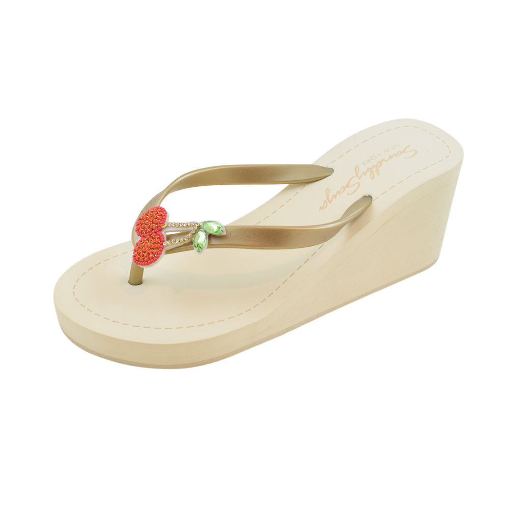 Cherry -Red Rhine Stone Embroidered Women's High Wedge Flip Flops Sandal