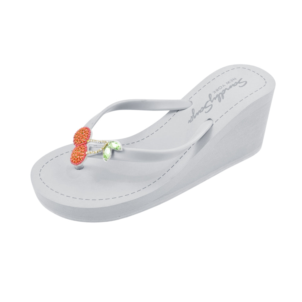 Cherry -Red Rhine Stone Embroidered Women's High Wedge Flip Flops Sandal