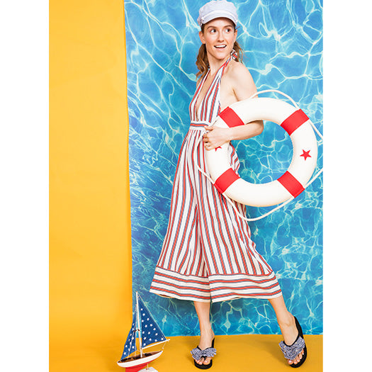 Marine Stripe Ruffle - Triple Rockaway - Embellished High Wedge Flip Flops Sandal