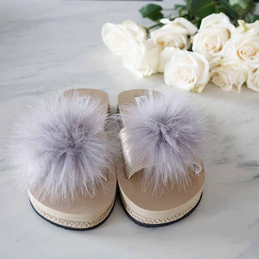 Mink Pom Pom Real Fur Slide - Espadrille Flat Sandals for Women