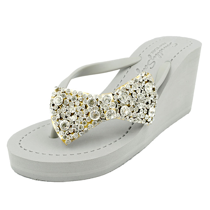 Madison Bow- Crystal Stones Embellished Women's High Wedge Flip Flops Sandal