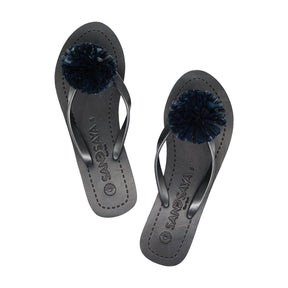 Raffia Pom Poms - Mid Wedge Flip Flops Sandals