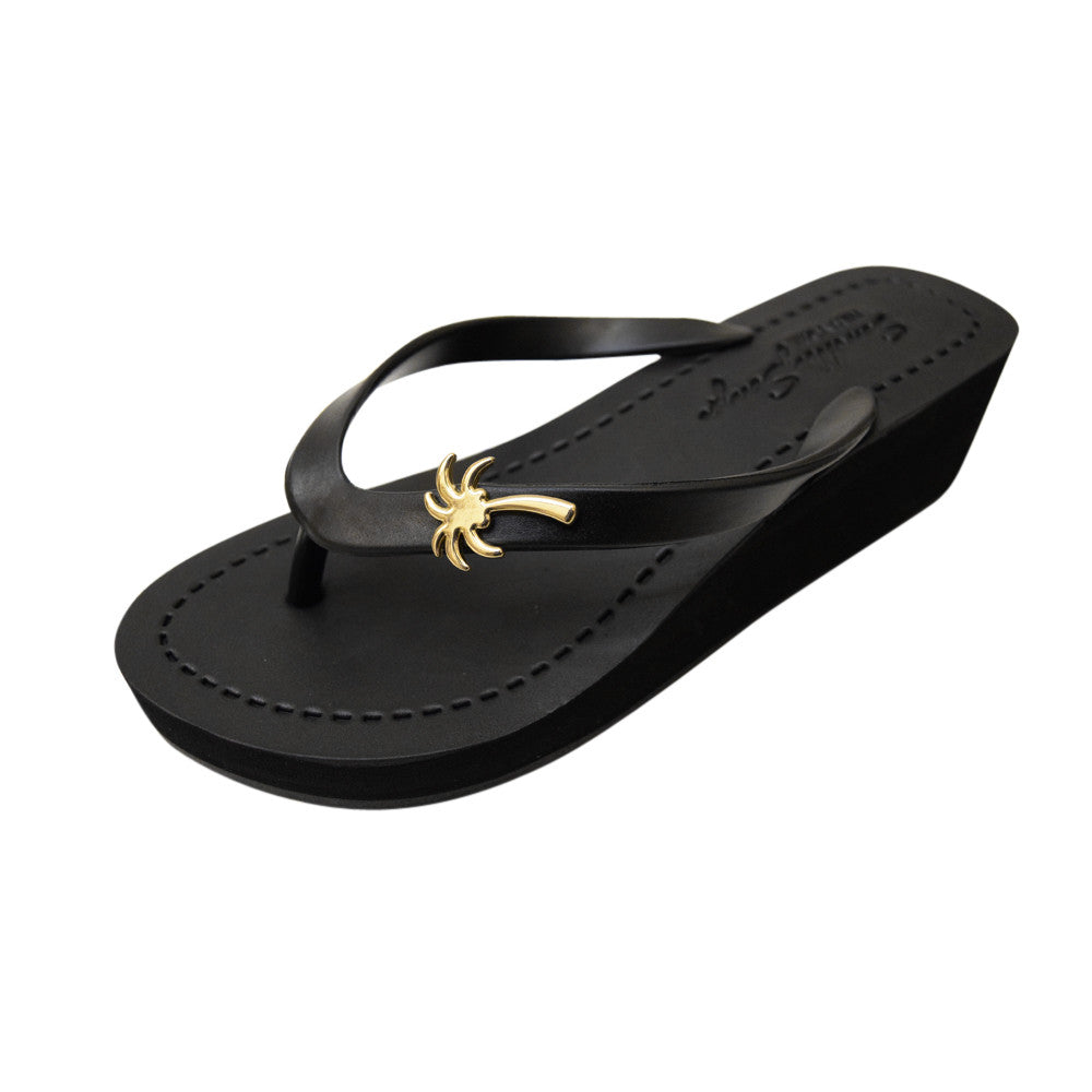 Gold Palm Tree - Studs Charm Mid Wedge Flip Flops Sandals