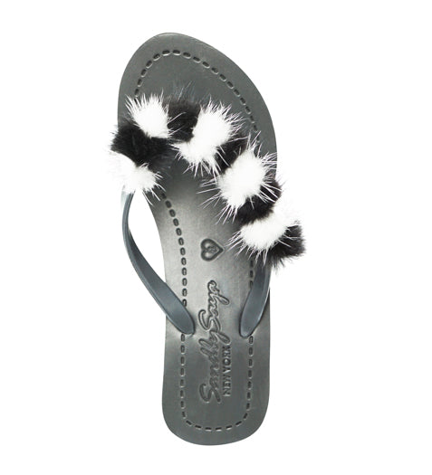 Mink_Black & White - Genuine Fur Embellished Women's High Wedge Flip Flops Sandal