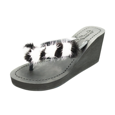 Mink_Black & White - Genuine Fur Embellished Women's High Wedge Flip Flops Sandal