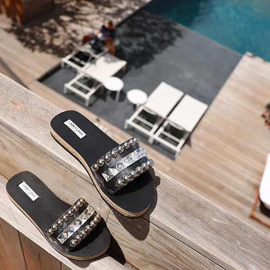 Crystal Studded Slide Sandals – Handmade in New York- Waterproof women’s Espadrille Comfy Slide Flat