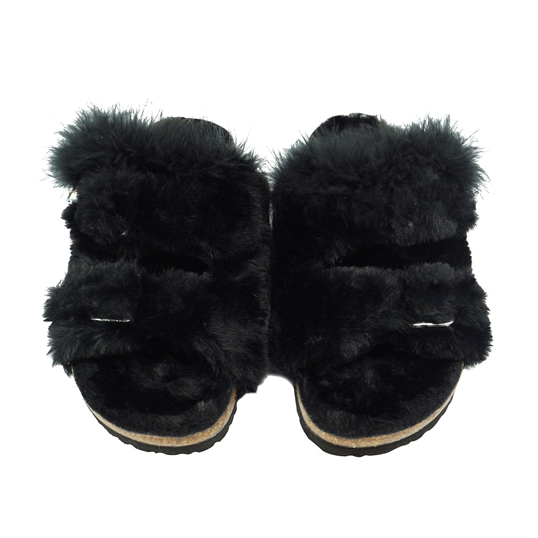 Shearling Fur Slide with Feather - Black Flat Women's Sandals