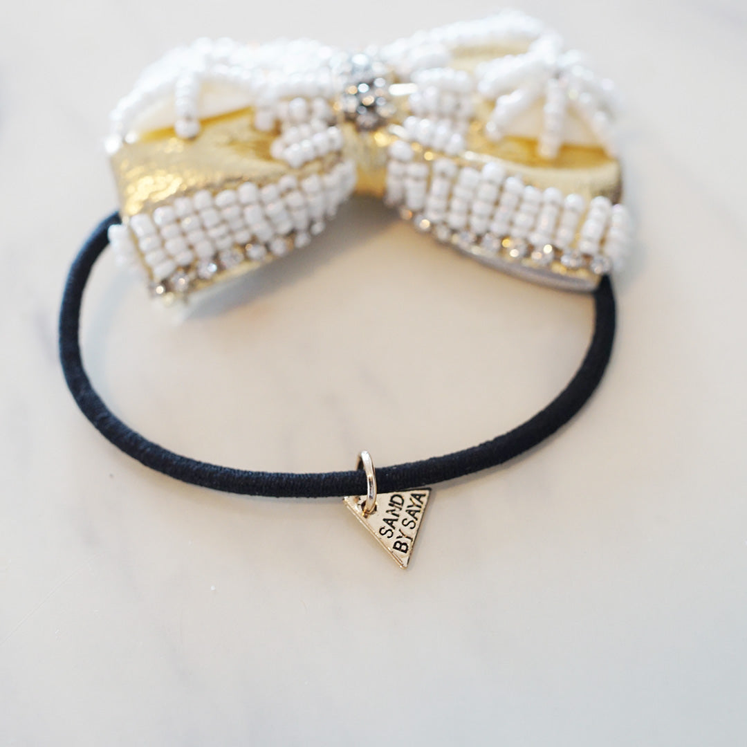 Pearl and Gold Bow - Embroidery Hair Tie or Barrettes Clips Accessories
