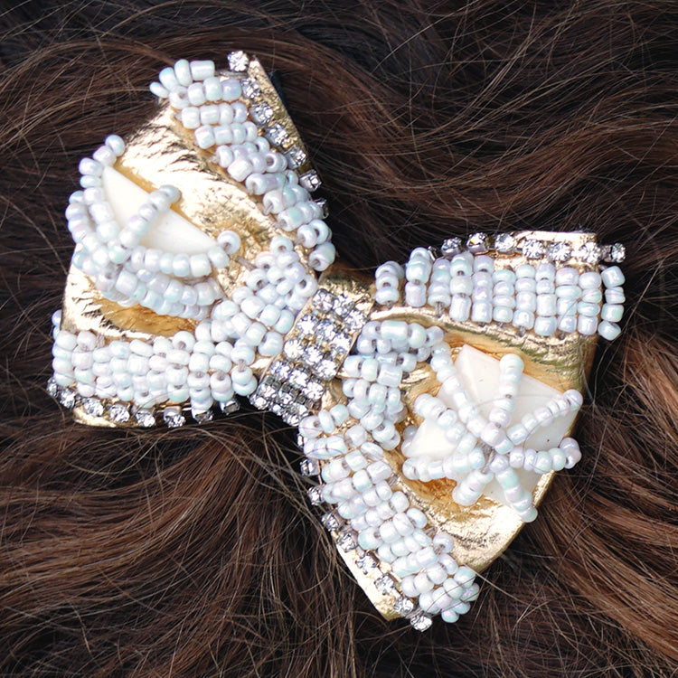 Pearl and Gold Bow - Embroidery Hair Tie or Barrettes Clips Accessories