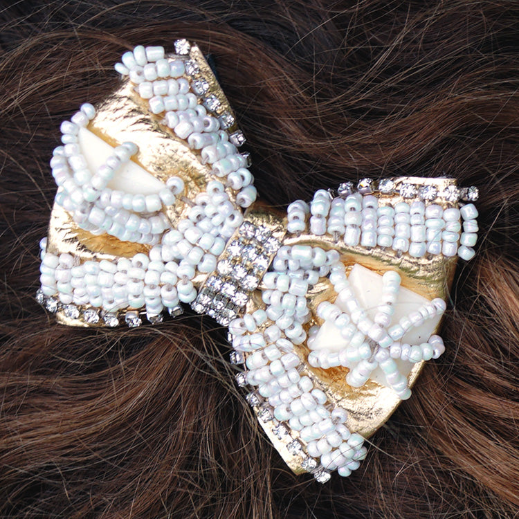 Pearl and Gold Bow - Embroidery Hair Tie