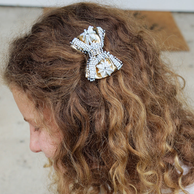 Pearl and Gold Bow - Embroidery Hair Tie or Barrettes Clips Accessories