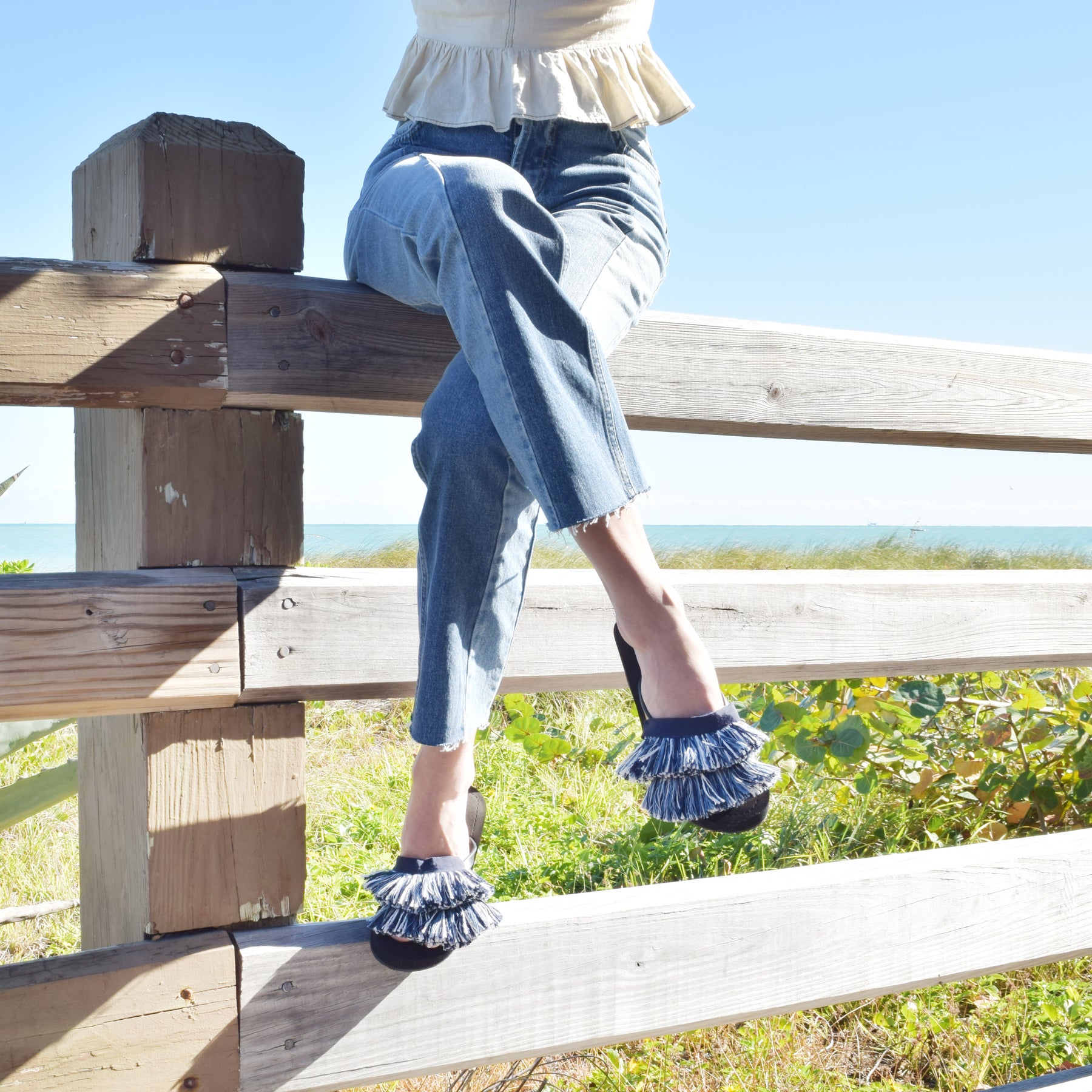 Irving Stripe Fringe- White and Blue Stripe Mid Wedge Flip Flops