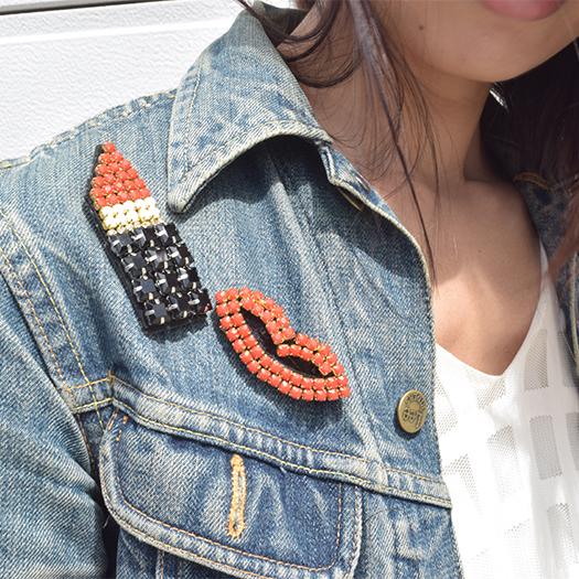 Lipstick Brooch for Women, Red, Lips, Black, White, Beaded